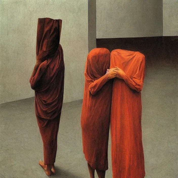 Prompt: two women hugging with a paper bag over the head, dressed in plastic bags, highly detailed, artstation, art by (((zdislav beksinski))), wayne barlowe, edward hopper