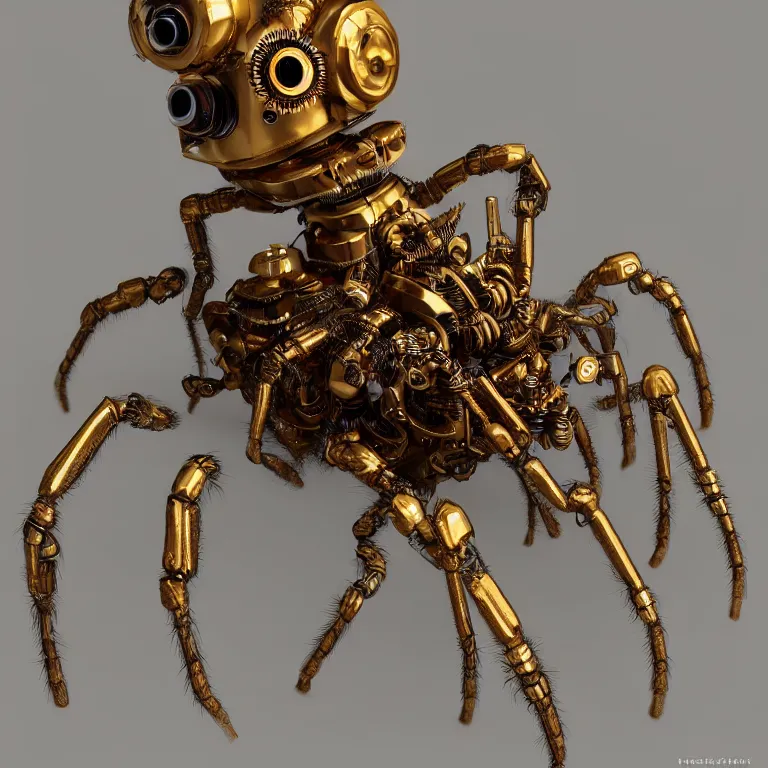 Image similar to beautiful steampunk robotic spider inspired, unreal engine realistic render, high detailed face, photorealism, golden ratio, hyper - realistic 3 d, insanely super detailed, realistic octane render, 1 6 k, fashion photography, micro detail, backlit lighting, subsurface scattering, thin porcelain