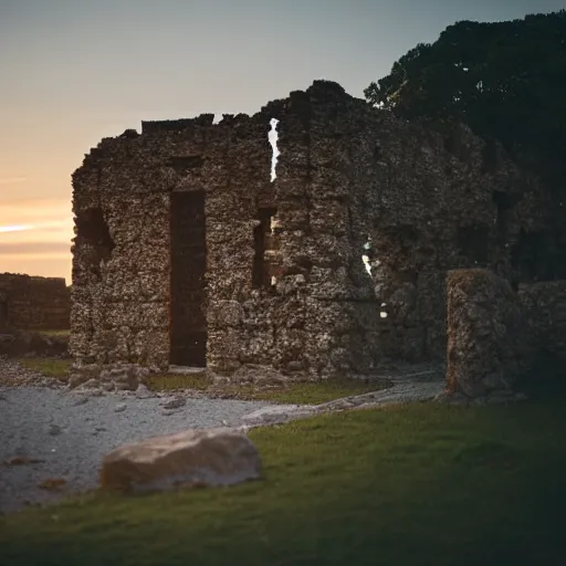 Image similar to a photo of the ruines of a geek temple during sunset on an island, 5 0 mm lens, f 1. 4, sharp focus, ethereal, emotionally evoking, head in focus, volumetric lighting, blur dreamy outdoor,