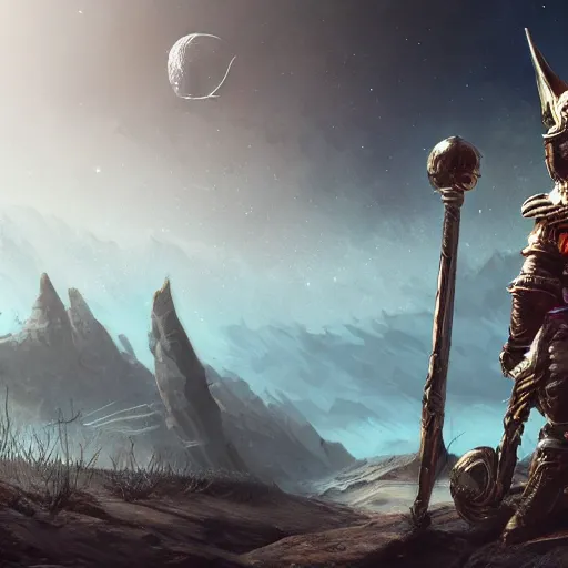 Prompt: space viking wearing ancient armor while traveling a barren planet, fantasy apocalypse, digital art, unreal engine, 4 k, highly detailed,