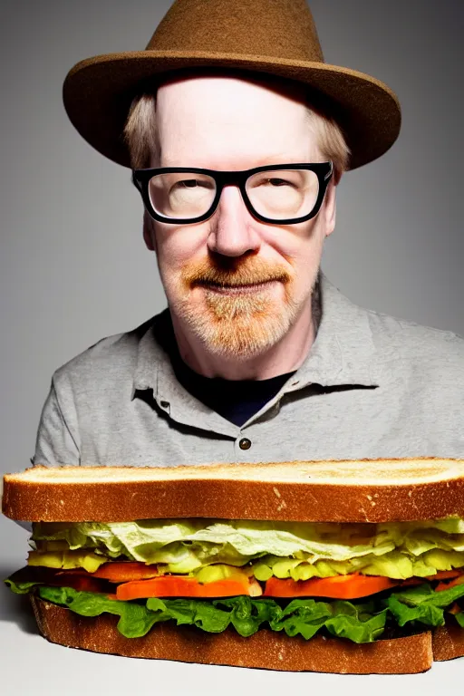 Prompt: 📷 portrait of adam savage the sandwich, made of food, no hat, still image, dynamic lighting, 4 k