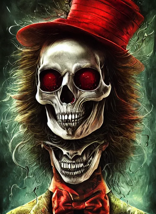 Prompt: mad hatter, alien, skull, highly detailed, cinematic, 8 k, by megan duncanson, benjamin lacombe, adrian borda, stanley artgermm, tom bagshaw, craig mullins, carne griffiths, ayami kojima, beksinski, giger, trending on deviantart, hyper detailed, horror, full of colour