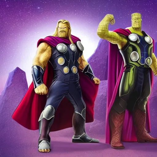 Image similar to a corporate portrait of thanos and thor