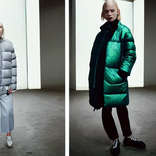 Image similar to realistic photoshooting for a new balenciaga lookbook, color film photography, portrait of a blonde asian woman, model wearing a puffer jacket, photo in style of tyler mitchell, 3 5 mm,