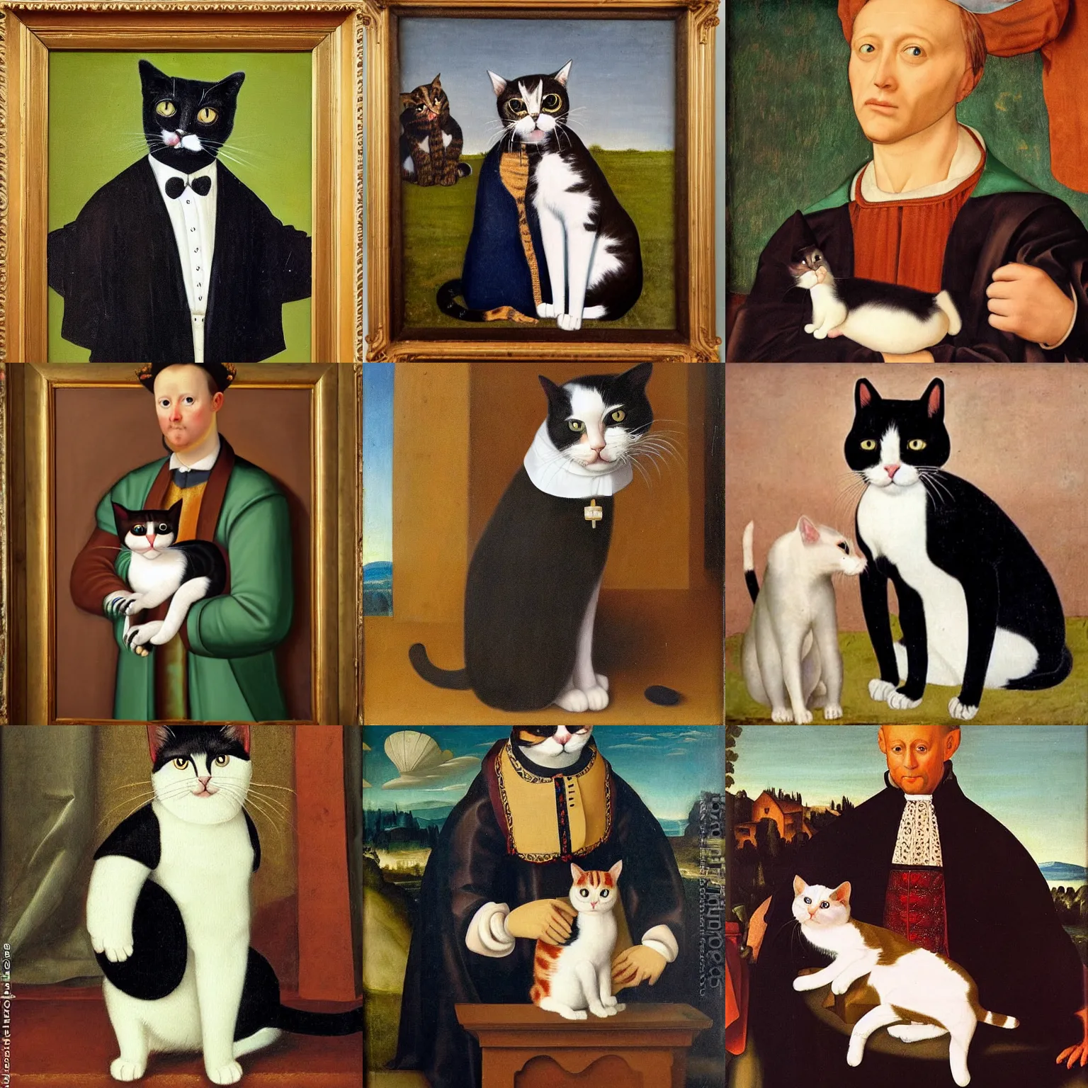 Prompt: Badly painted cat wearing a cat-sized tuxedo, renaissance painting