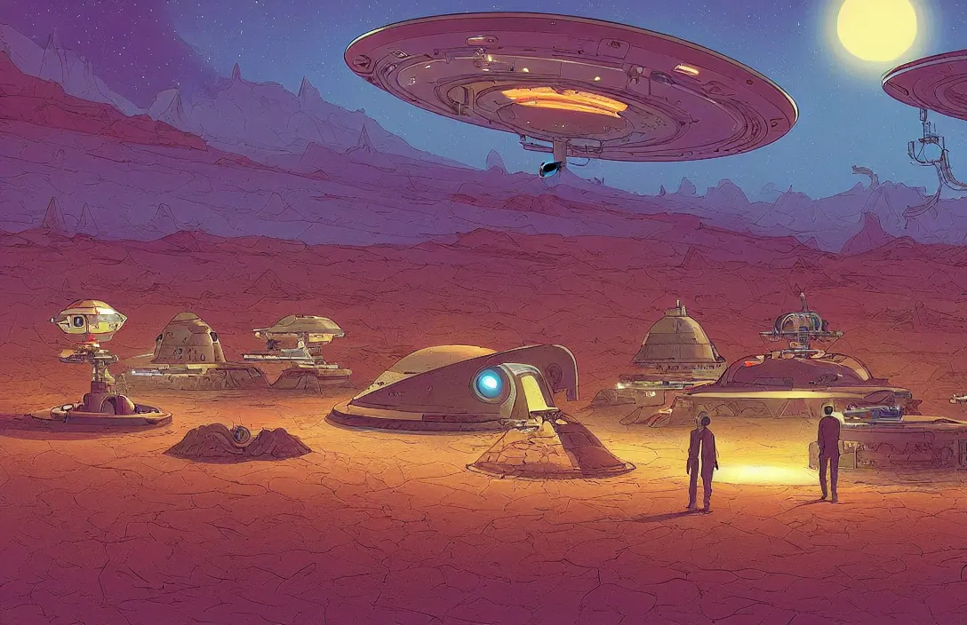 Prompt: sci-fi UFO landing place in desert with alien visitors, digitally painted by Tim Doyle, Kilian Eng and Thomas Kinkade, centered, uncropped