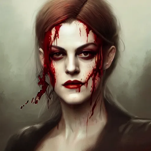 Prompt: portrait of riley keough in bloody business suit, blood red eyes, vampire fangs, fantasy, intricate, elegant, highly detailed, digital painting, art by aenaluck and roberto ferri and greg rutkowski, epic fantasy, digital painting