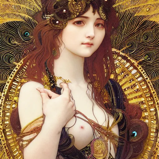 Prompt: highly detailed beautiful cute girls with peacock feathers, endless black hair, with pale skin, fibonacci, fragile, sitted on an intricate stone throne by alphonse mucha, ayami kojima, yoshitaka amano, charlie bowater, karol bak, greg hildebrandt, jean delville, and mark brooks, 4 k resolution