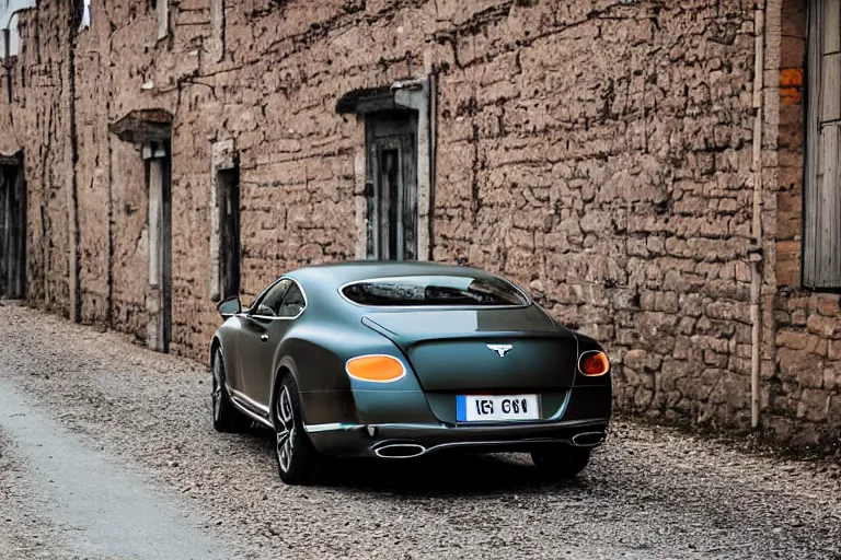 Image similar to modern rusty matte tired Bentley Continental GT without gloss no reflections drives along the road of an old Russian village with houses at the edges