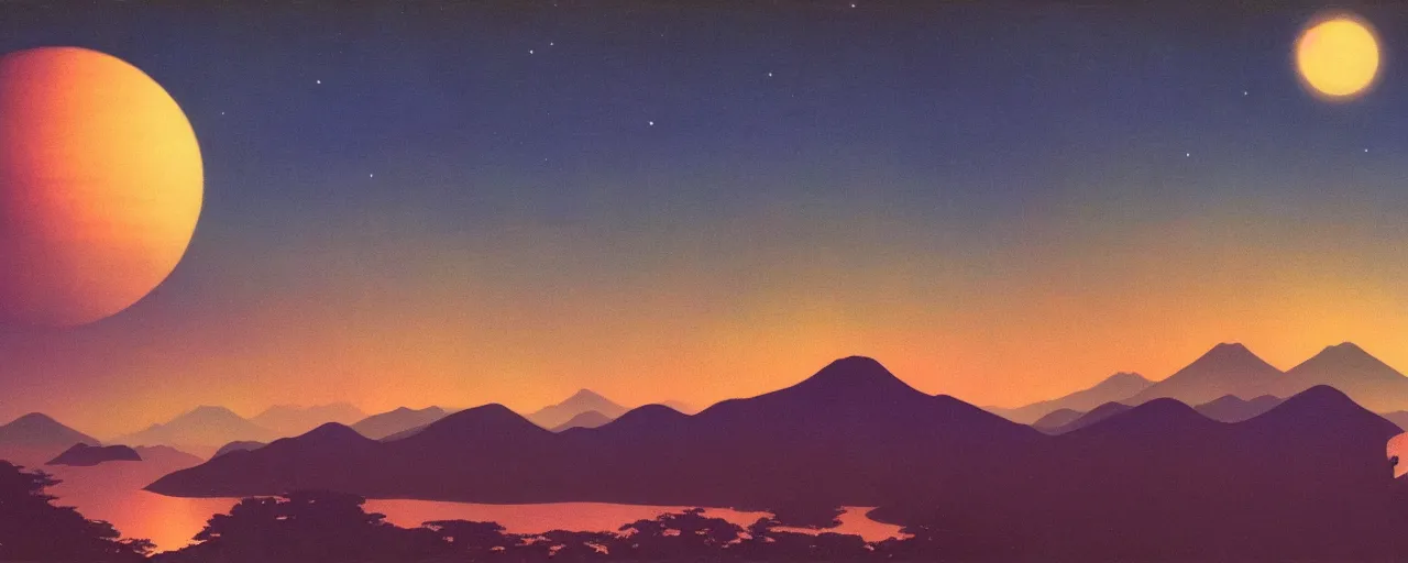 Prompt: awe inspiring bruce pennington landscape, digital art painting of 1 9 6 0 s, japan at night, 4 k, 8 k, hyperdetailed, minimalist