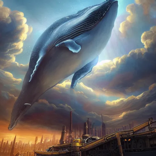 Prompt: A huge whale flying in the clouds above a steampunk mega city, golden lighting, artstation