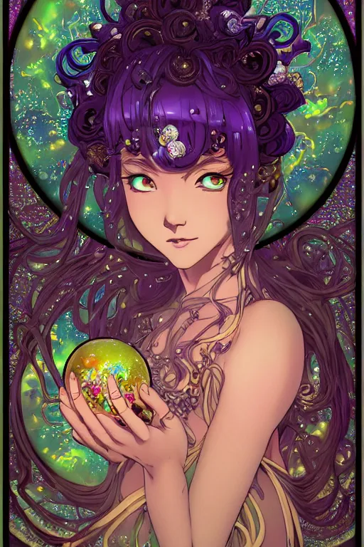 Prompt: psychedelic, intricate, highly detailed, anime, 4k, beautiful seductive slime girl holding a huge orb containing the universe, with professional makeup, long trippy hair, surrounded by gems, underneath the stars, trending on patreon, deviantart, twitter, artstation, volumetric lighting, heavy contrast, by artgerm and Ilya Kuvshinov and alphonse mucha, interstellar galaxy