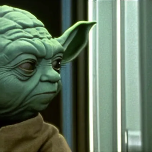 Image similar to master yoda too short to use the urinal in the bathroom of the death star, movie scene from a star wars movie 1 9 9 9