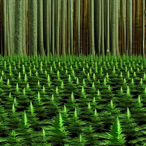 Image similar to a forest of marijuana plants the size of coastal redwood trees 4 k photorealism hd