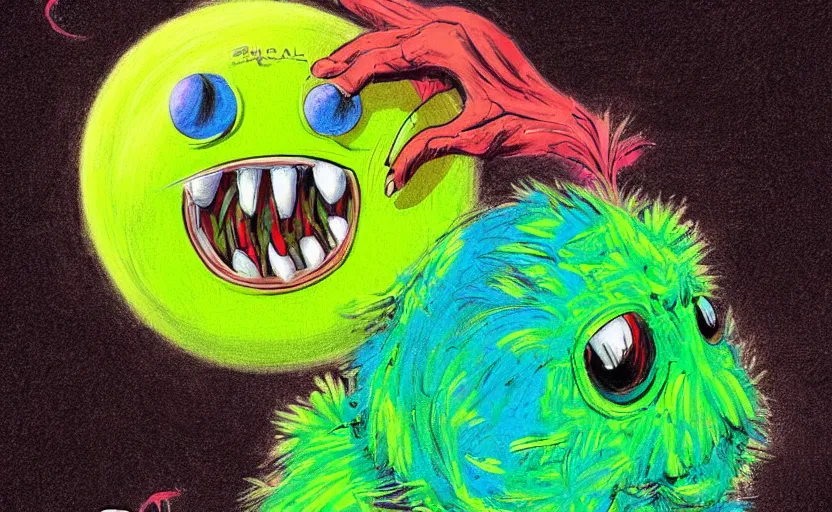 Image similar to a tennis ball monsters, colorful, digital art, fantasy, magic, chalk, trending on artstation, ultra detailed, professional illustration by basil gogos