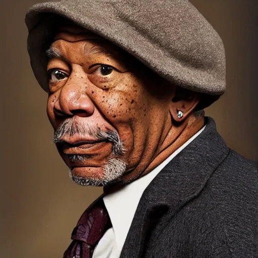 Prompt: still morgan freeman in peacky blinders wearing a news boy cap