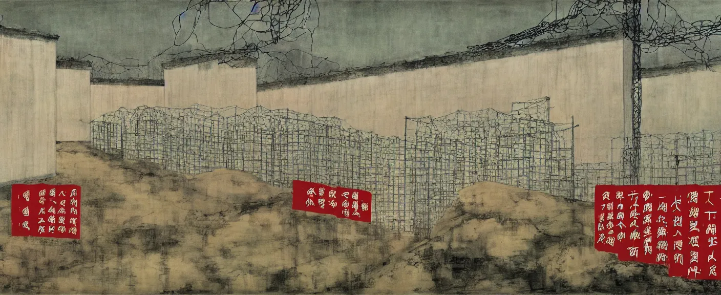 Image similar to a chinese prison near a river by peter doig, muted colors, overlaid with chinese adverts