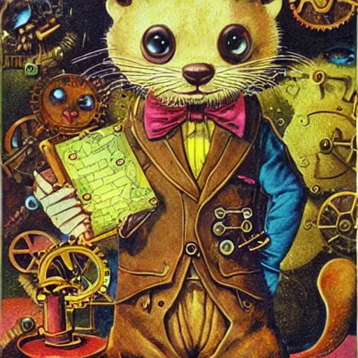 Image similar to a steampunk otter inventor, fantasy illustration, Louis William Wain