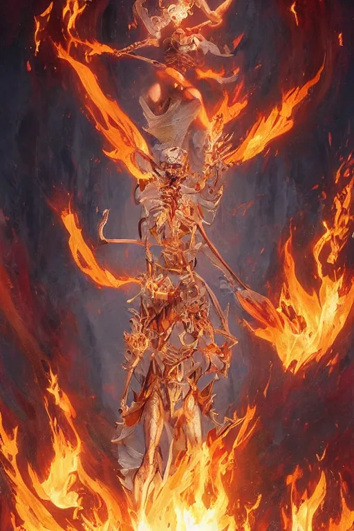 Image similar to skeleton burning in divine holy flame spell scroll art by artgerm and greg rutkowski and Craig Mullins, James Jean, Andrey Ryabovichev, Mark Simonetti and Peter Morbacher 16k