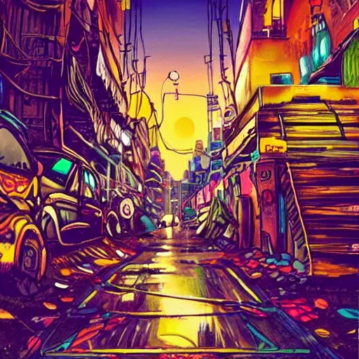 Prompt: A dirty street in the Bronx, by night, with giant neonpunk urchin everywhere, colorful composition, ultra detailed, dang yo