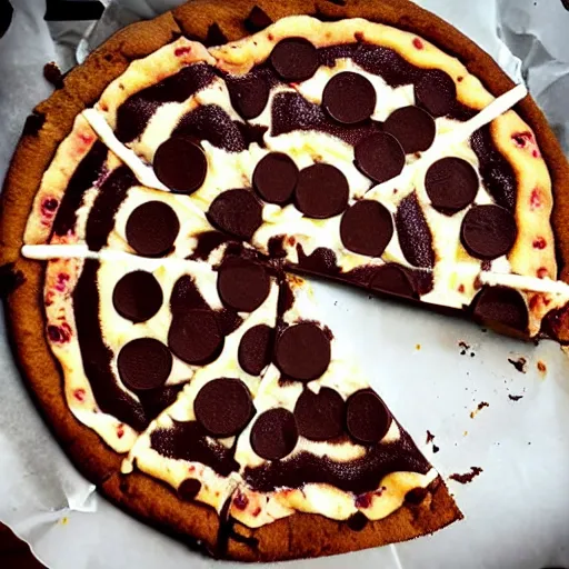 Image similar to iPhone 5S photograph of A hot cookie cake pizza with chocolate pepperonis made with chocolate sauce and whipped cream