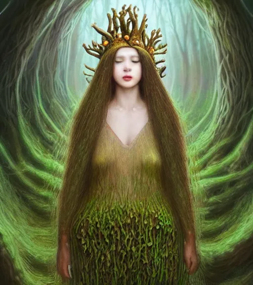 Image similar to full body portrait of teenage mushroom queen, long winding mycelium hair, peaceful expression, wearing clothing of lichen and fungus, bone jewelry, intricate, elegant, gem jewelry, mushroom cave, glowing lights, highly detailed, digital painting, artstation, concept art, smooth, sharp focus, illustration art by wlop, mucha, artgerm, and greg rutkowski