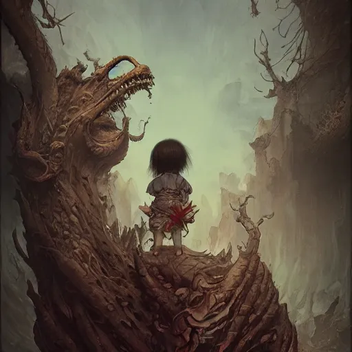 Image similar to a victorian monster standing over a sleeping child, illustrated by miyazaki by karol bak, james jean, tom bagshaw, rococo, sharp focus, trending on artstation, cinematic lighting