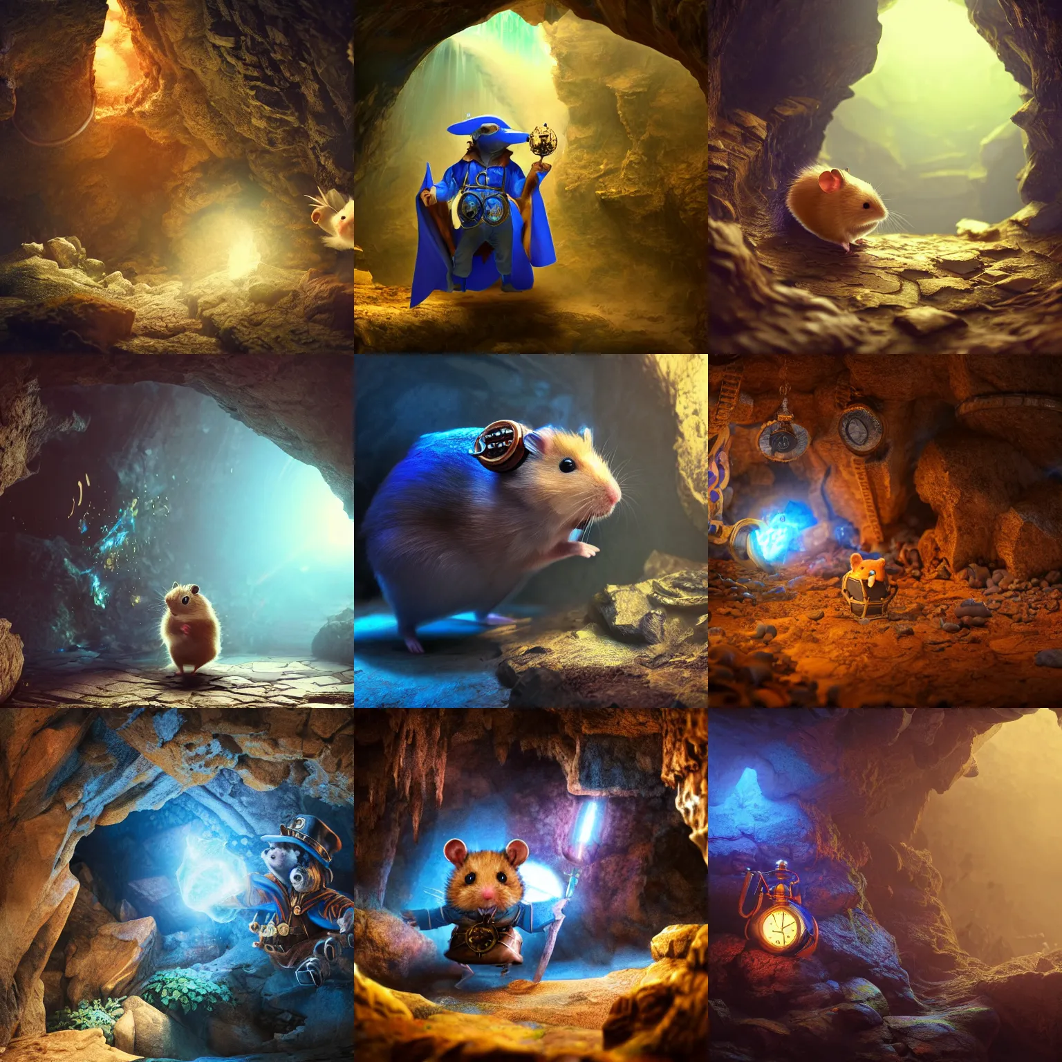 Prompt: hamster in steampunk wizard blue cape exploring a cave, intricate detail, volumetric lighting, epic composition, hyper detailed, ultra realistic, sharp focus, octane render, volumetric, ray tracing, artstation trending, cgsociety, sense of awe, 4 k