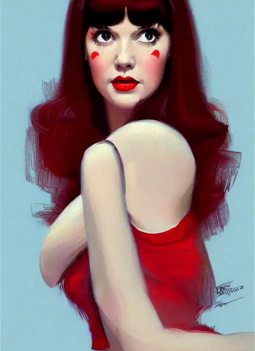 Image similar to portrait of betty page with bangs, 1 9 6 0 s, long hair, red clothes, bangs, black eyes, intricate, elegant, glowing lights, highly detailed, digital painting, artstation, concept art, smooth, sharp focus, illustration, art by wlop, mars ravelo and greg rutkowski