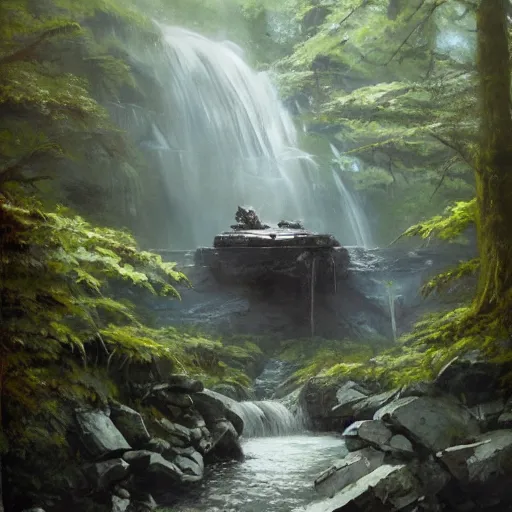 Image similar to Gargantuan stone robot resting in front of a waterfall inside a forest, oil painting, by Greg Rutkowski