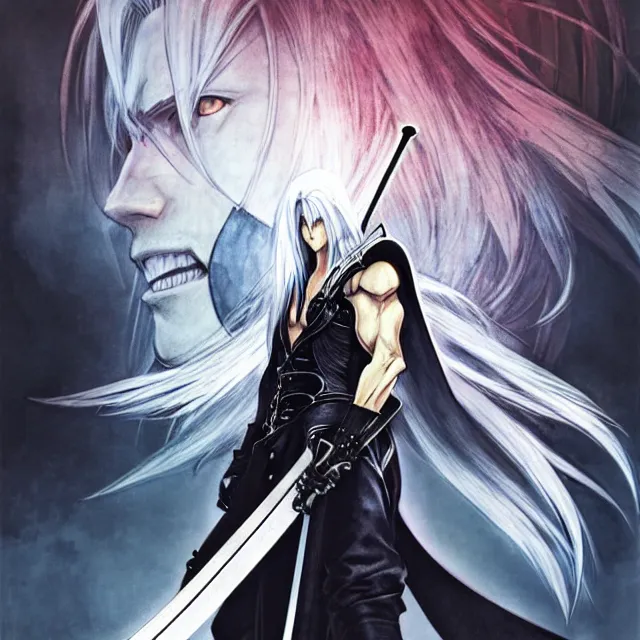 Image similar to Sephiroth illustrated by Akihiko Yoshida, concept art