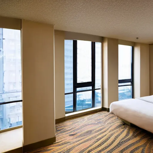 Prompt: hotel floor that's impossible to get to, beige walls, beige lighting, fancy details, windows, night time, window to night time city, 2 4 0 p photograph