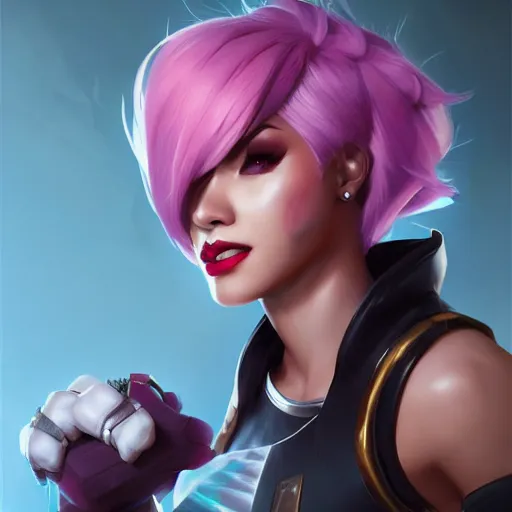 Image similar to Vi from League of Legends, by Fortiche Studio, by Riot Games, from Netflix's Arcane, trending on artstation character art,fine details, realistic shaded, fine-face, pretty face