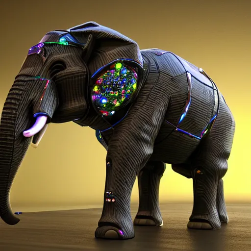 Prompt: hyper realistic cybertronic elephant. high details of body and face. complex realistic mechanical body. blue led. cyberpunk style, intricate, trending on art station, 8 k render.