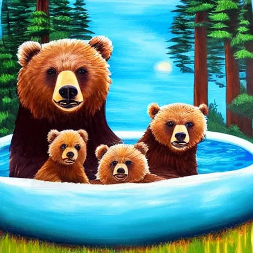 Image similar to grizzly bear family chilling in a hot tub, calming, nature, painting, cute, bob ross.