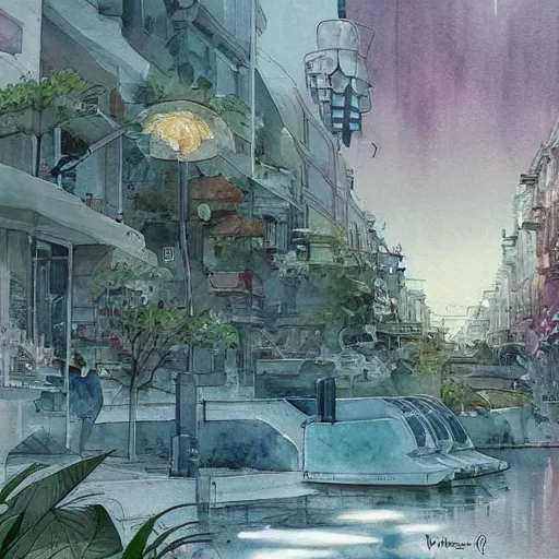Image similar to Beautiful happy picturesque charming sci-fi town in harmony with nature. Beautiful light. Water and plants. Nice colour scheme, soft warm colour. Beautiful detailed artistic watercolor by Vincent Bons. (2022)