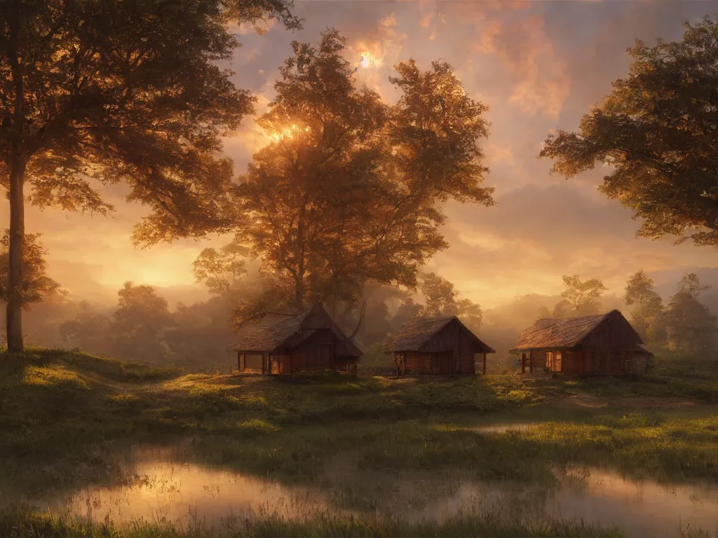 Image similar to a oil painting of a serene landscape with a singular wooden house at sunrise, concept art, octane render, unreal engine 5, trending on deviantart, highly detailed, high quality, oil painting, digital painting l, masterpiece, hyperrealistic, breathtaking landscape, soft lighting, godrays, complementary colors, natural lighting