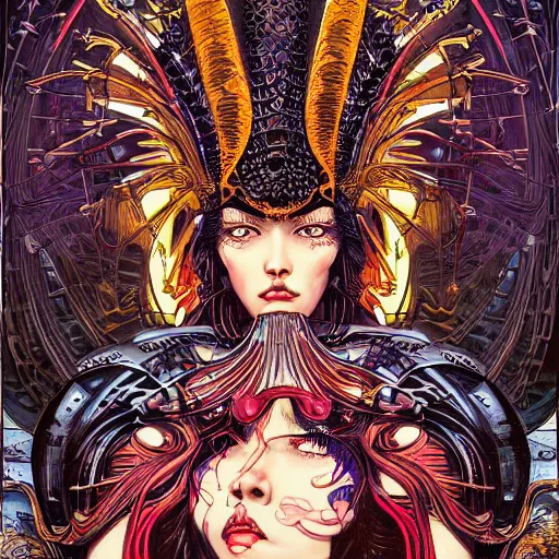 Image similar to portrait of crazy cleopatra, symmetrical, by yoichi hatakenaka, masamune shirow, josan gonzales and dan mumford, ayami kojima, takato yamamoto, barclay shaw, karol bak, yukito kishiro