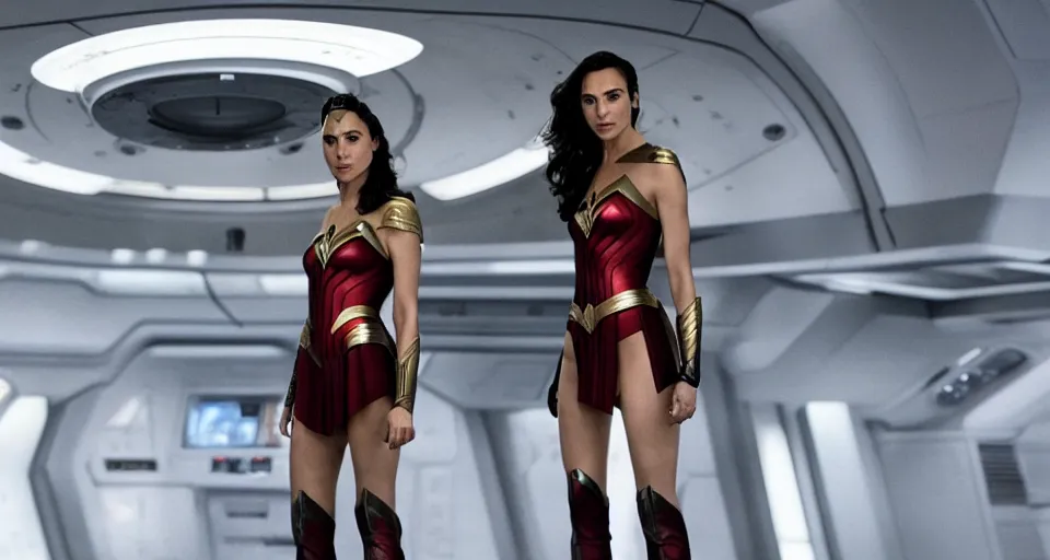 Image similar to Gal Gadot, in full starfleet uniform, is the captain of the starship Enterprise in the new Star Trek movie