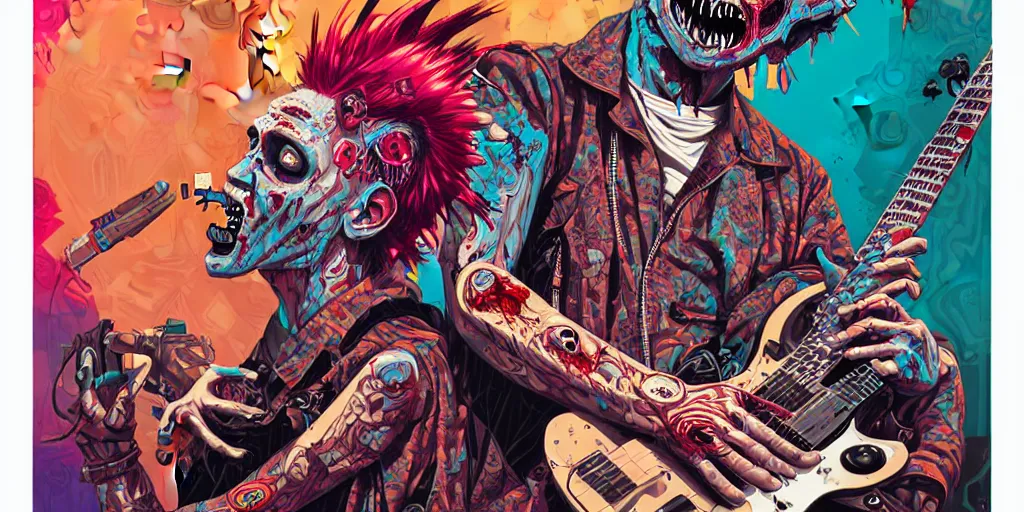 Image similar to a zombie punk rocker with a mohawk playing electric guitar, tristan eaton, victo ngai, artgerm, rhads, ross draws, rule of thirds by francis tneh