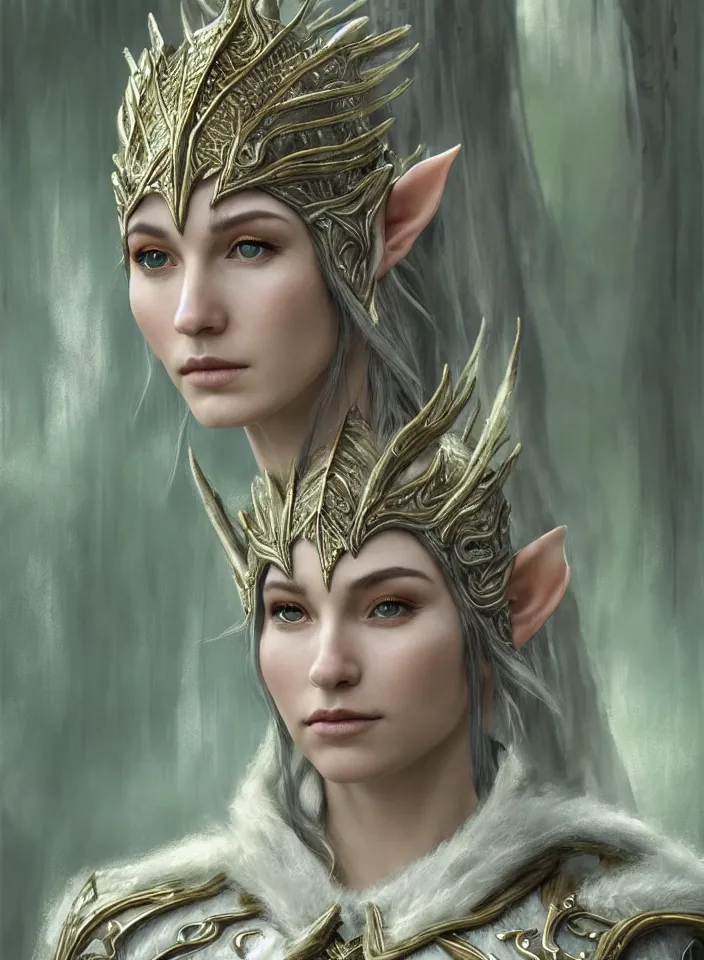 Image similar to a closeup portrait of an elven queen from skyrim wearing white mithril armor, fantasy setting, forest environment, serene colors, soft lighting, atmospheric, cinematic, moody, in the style of diego koi, gina heyer, luiz escanuela, art by alyssa monk, depth, hyperrealism, rule of thirds, golden ratio, oil on canvas, 8 k