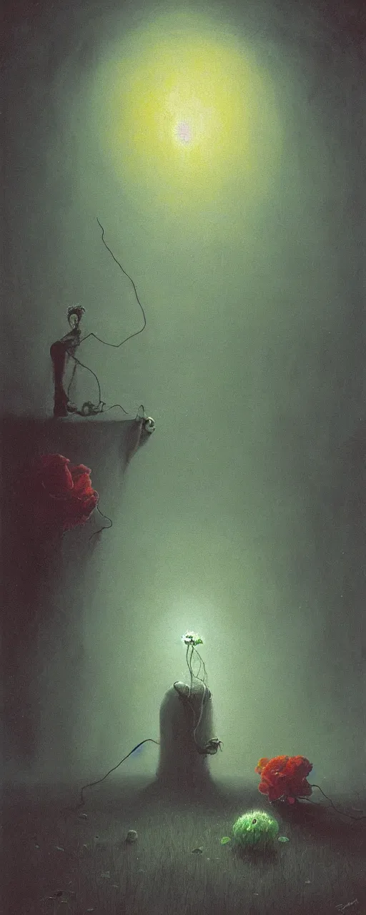 Prompt: a golemn applying bioluminecent poison on a sad dying flower, zdzislaw beksinski, arthur rachham, interior, 8 k, artstation