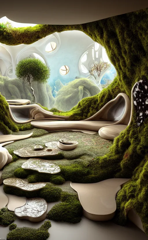 Image similar to highly detailed villa natural beautiful light interior soft cinematic composition of a smooth ceramic porcelain biomorphic magnolia stone nebula fluid sci - fi surreal colorful architecture landscape, furniture, granite, trees, marble, moss, lichen, fungi, vincent callebaut composition, mamou - mani, archviz, 8 k, unreal engine, hdr