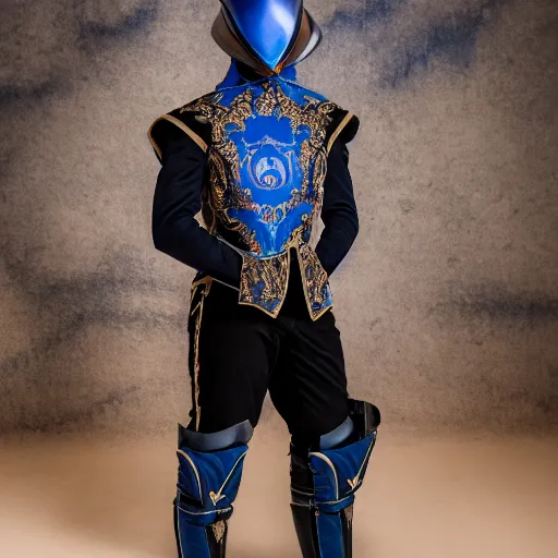 Prompt: upper view of adult Austin Butler dressed in futuristic-baroque prussian blue duelist-garb with Griffin-Ram embroidery emblem, and nanocarbon-vest and greaves, standing in an arena in Dune 2020, XF IQ4, f/1.4, ISO 200, 1/160s, 8K, RAW, unedited, symmetrical balance, face in-frame