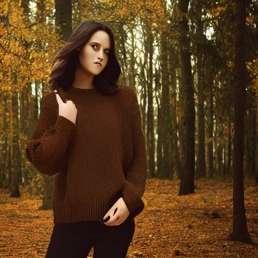 Image similar to real life photo of a beautiful girl, full body photo shoot, long black hair, brown eyes, full round face, short smile, brown sweater, forest setting, cinematic lightning, medium shot, mid - shot, highly detailed, trending on artstation, unreal engine 4 k, 8 0 mm, 8 5 mm, cinematic wallpaper