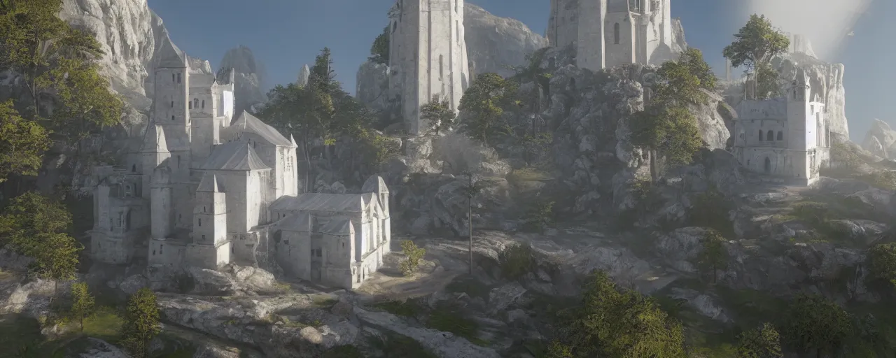 Prompt: white monastery with large tower upon sheer lime cliffs, a ray of sun illuminating, unreal engine 5 render