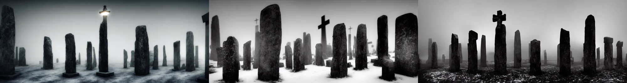Prompt: a group of cloaked men stand among neolithic standing stones, by henry ossawa tanner and rembrandt, lit by gas lamps, a giant black cross, black and white, grainy, snow, highly detailed, gloomy and foggy atmosphere, octane render, cinematic lighting, 8 k, hd