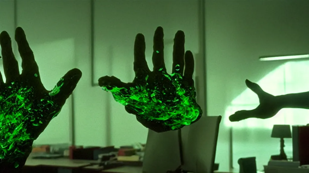 Image similar to the strange giant creature hand in the office, made of Chlorophyll and water, film still from the movie directed by Denis Villeneuve with art direction by Salvador Dalí