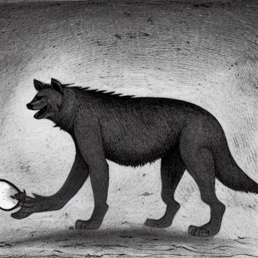 Image similar to giant hyena standing on a desert road at night with glowing eyes, laughing, hard flashlight, eerie strange bizarre, by alfred kubin