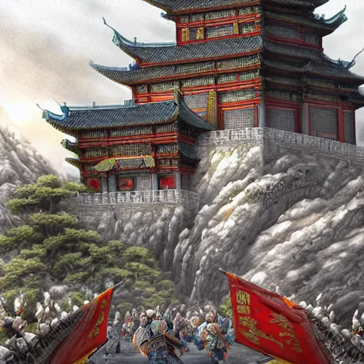 Image similar to dynamic composition, motion, ultra-detailed, incredibly detailed, a lot of details, amazing fine details and brush strokes, colorful and grayish palette, smooth, HD semirealistic anime CG concept art digital painting, watercolor oil painting of epic castle gate, from Three Kingdoms, by a Chinese artist at ArtStation, by Huang Guangjian, Fenghua Zhong, Ruan Jia, Xin Jin and Wei Chang. Realistic artwork of a Chinese videogame, gradients, gentle an harmonic grayish colors.